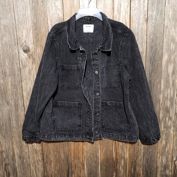 Old Navy XL Denim Chore Jean Jacket Black Acid Wash Women's Pockets Cotton - Picture 1 of 6
